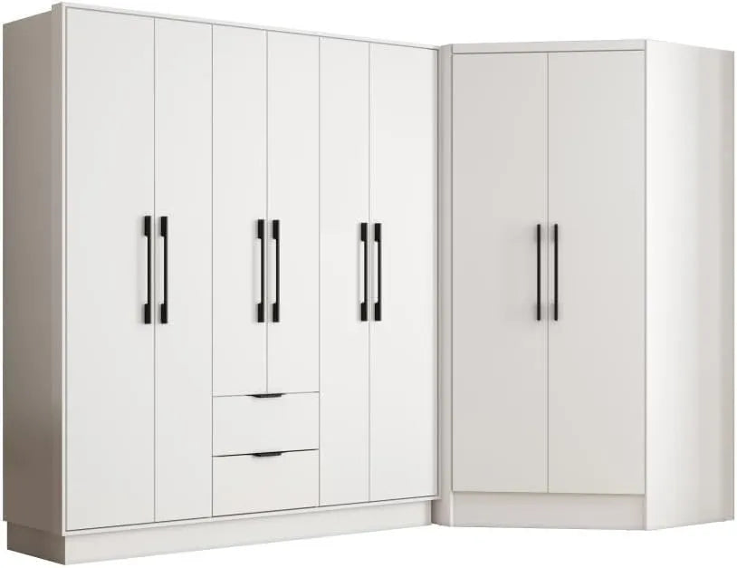 Armoire d'angle moderne 8 portes 2 tiroirs 263 cm blanc FEOVA