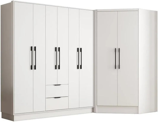 Armoire d'angle moderne 8 portes 2 tiroirs 263 cm blanc FEOVA