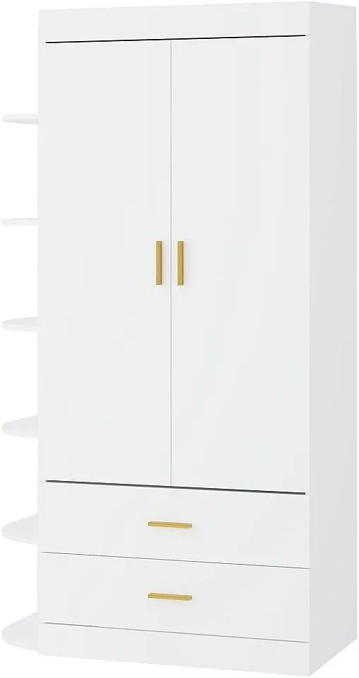Armoire Moderne 2 Portes, 2 Tiroirs et 6 Étagères - 100 cm - Blanc et Doré - Modèle GRIMORI