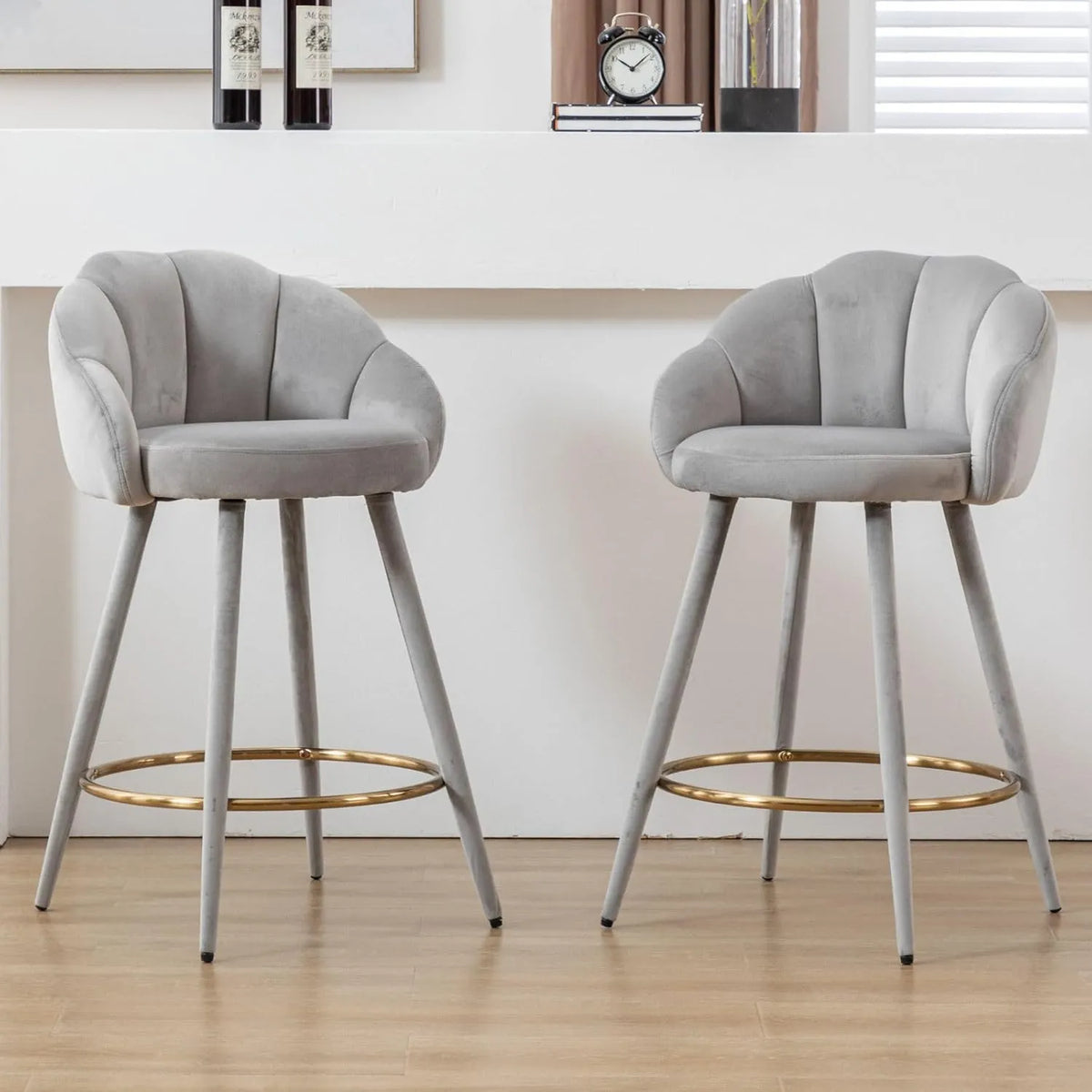 Ensemble de 2 Chaises de Bar Modernes en Velours avec Repose-Pieds, Gris