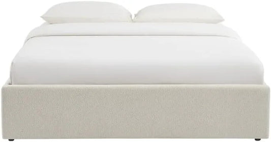 Lit Coffre Marcy 160x200 en Chenille Beige avec Sommier Inclus