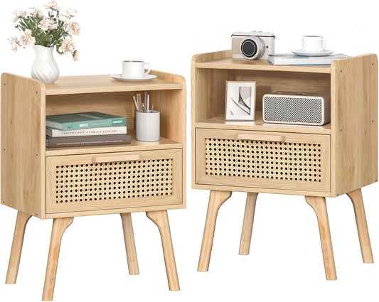 Tables de Chevet Boho en Rotin avec Tiroir et Étagère - Lot de 2