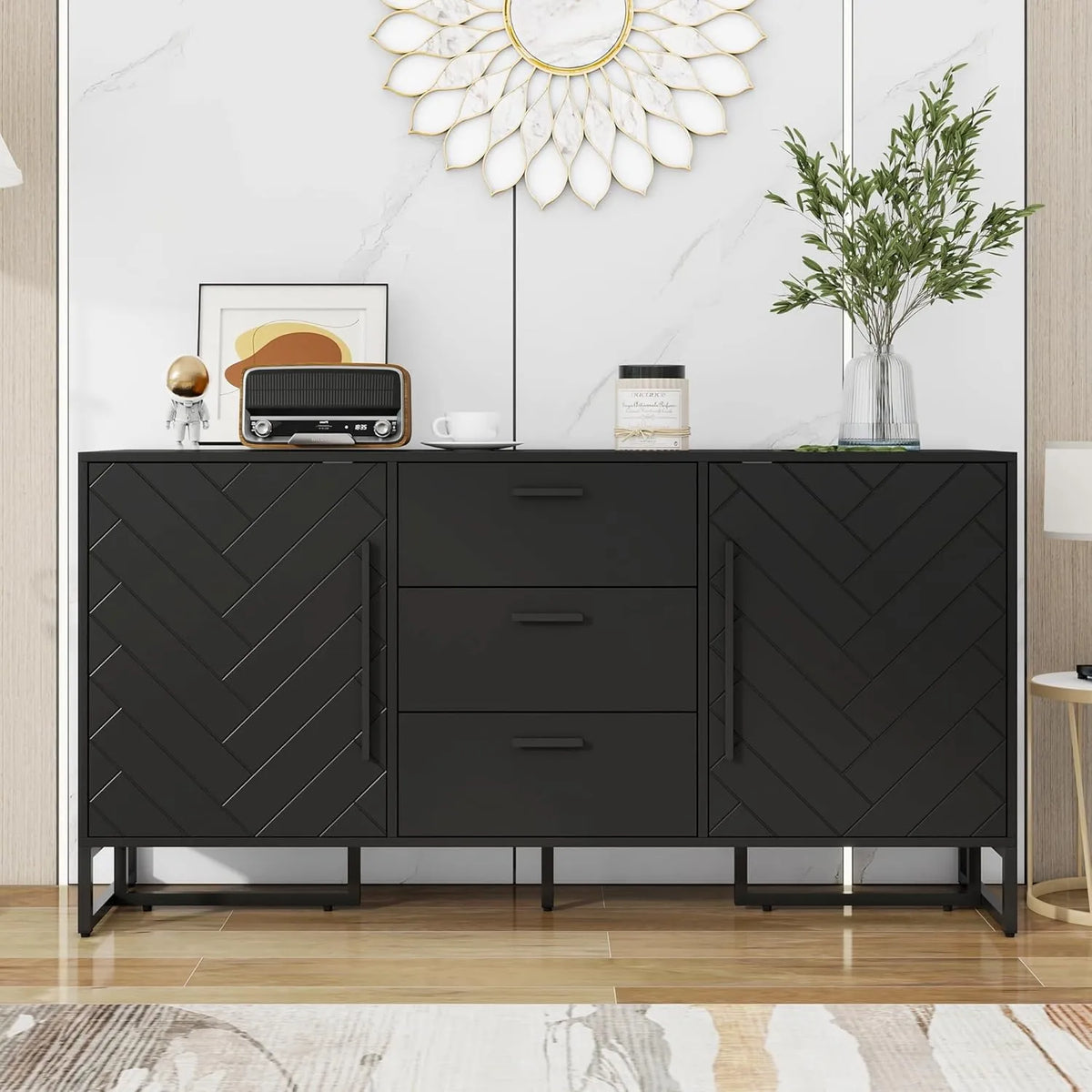 Buffet Moderne Noir à Chevrons avec Portes et Tiroirs, Étagères Ajustables, pour Salle à Manger et Salon