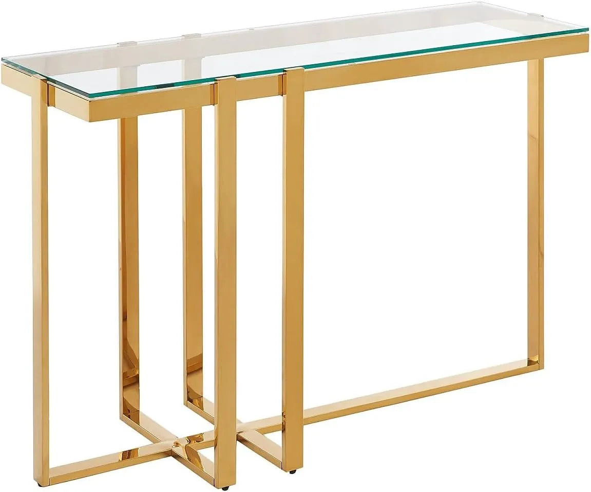 Console en Verre Trempé et Acier Chromé - Design Élégant - Transparent et Doré