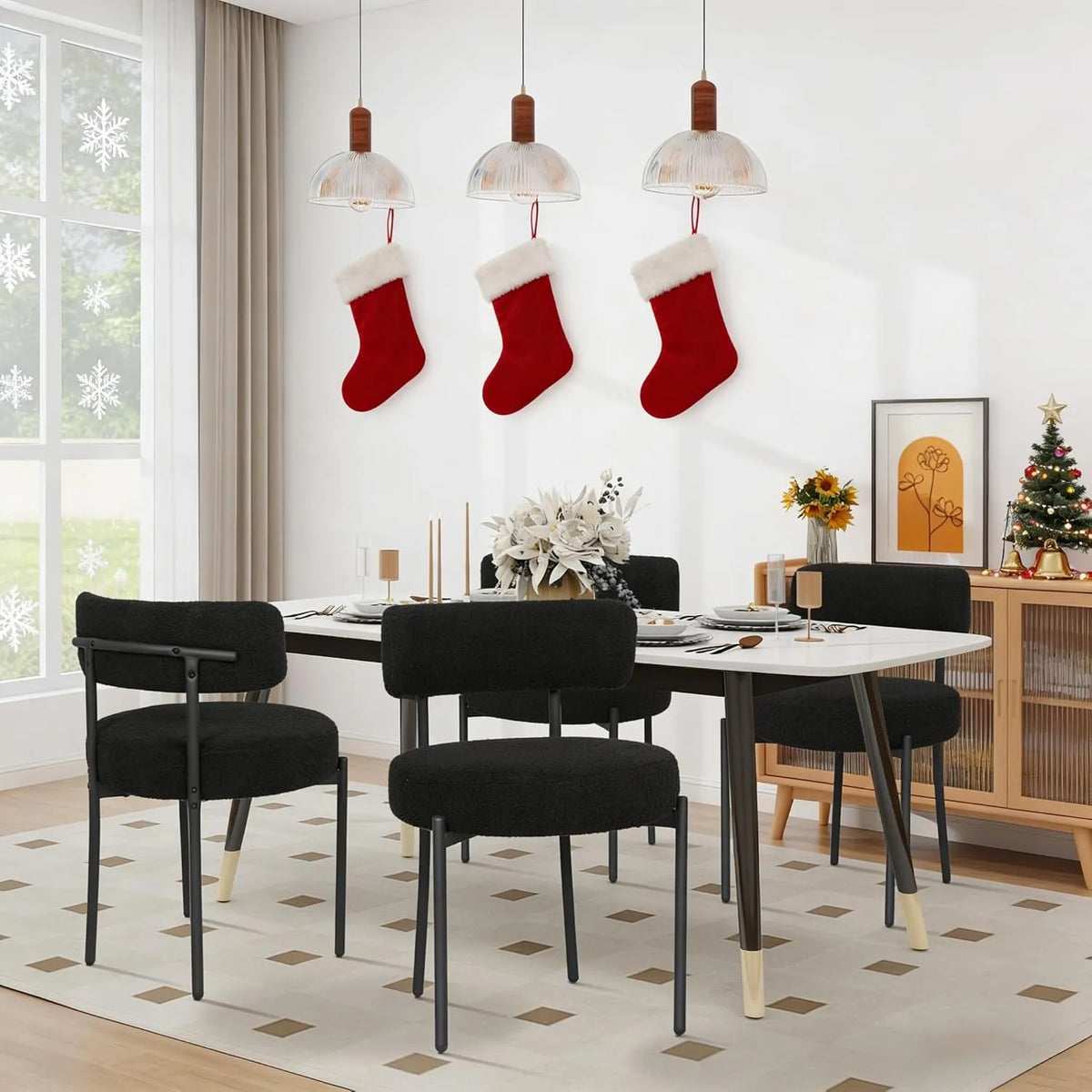 Ensemble de 4 Chaises Rembourrées en Tissu Bouclette, Design Scandinave Rétro, Pieds Métalliques, Noires