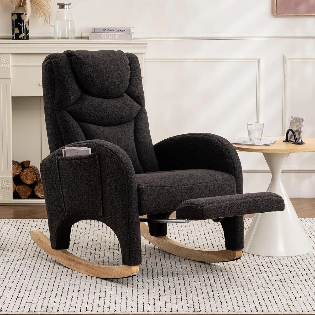 Fauteuil à bascule en bois avec repose-pieds, tissu peluche gris foncé