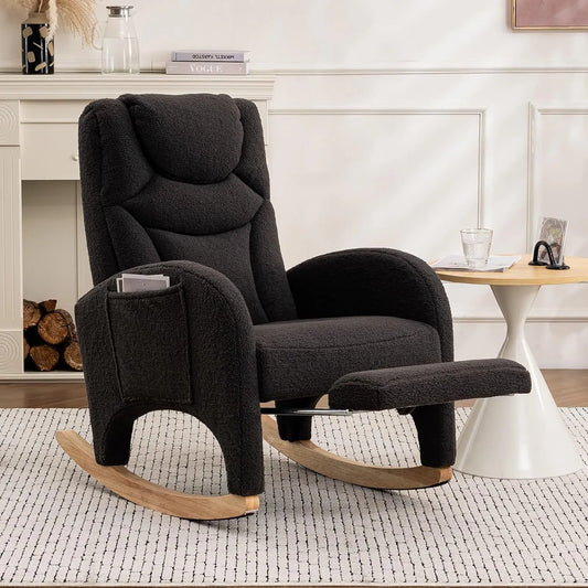 Fauteuil à bascule en bois avec repose-pieds, tissu peluche gris foncé