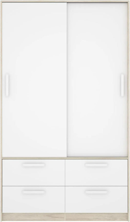 PEGANE Armoire en Bois Mélaminé avec Portes Coulissantes et Tiroirs, Chêne Naturel/Blanc, 120x60x204 cm