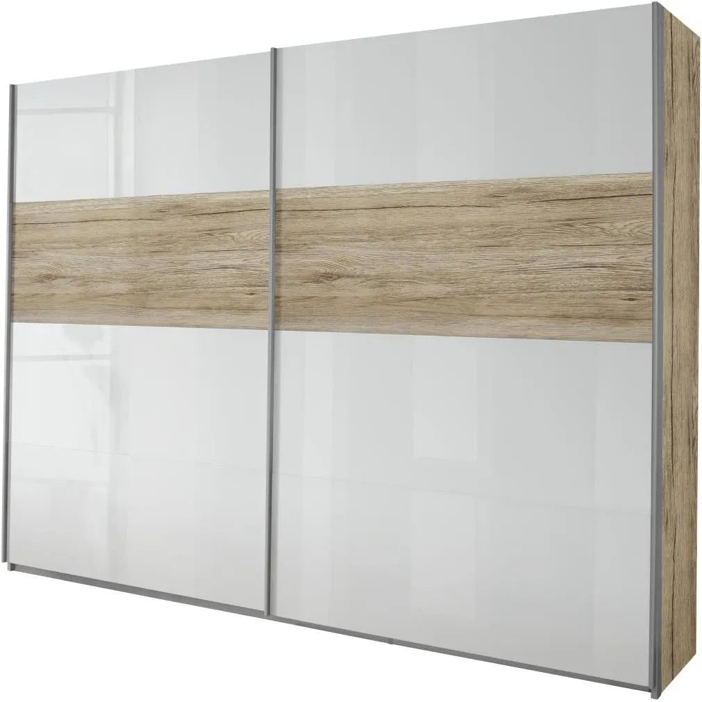 Armoire Coulissante Quadra 2 Portes, 210x62 cm, Chêne San Remo Clair et Blanc Brillant
