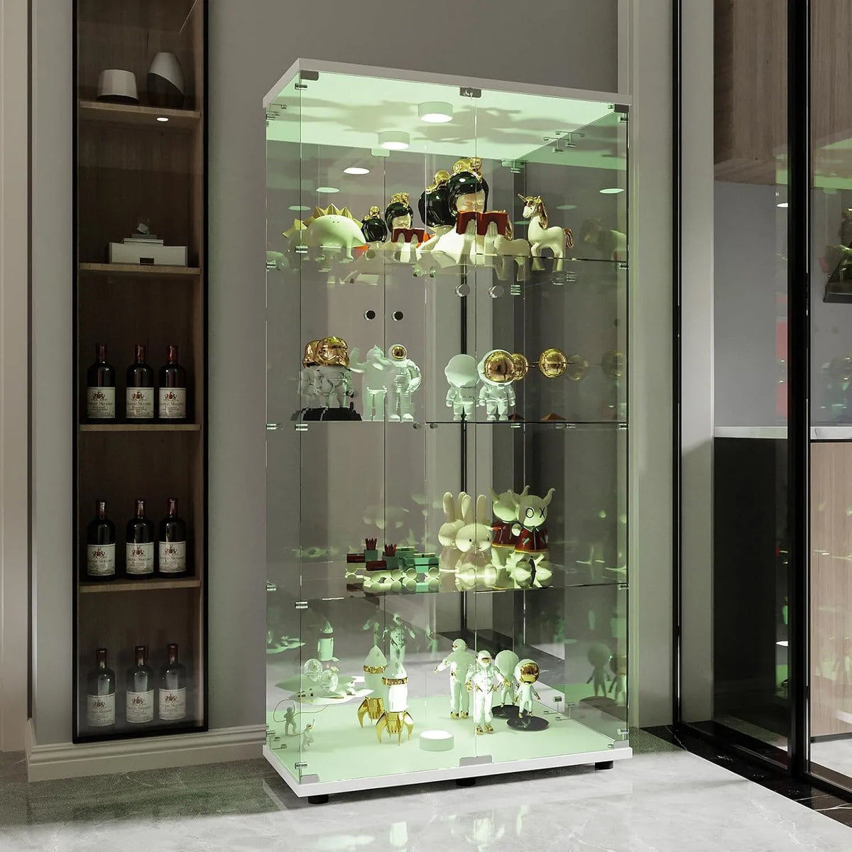 Armoire Vitrine en Verre avec Éclairage LED, 4 Étagères et Portes Verrouillables, 164x80.5x36.5cm, Blanc