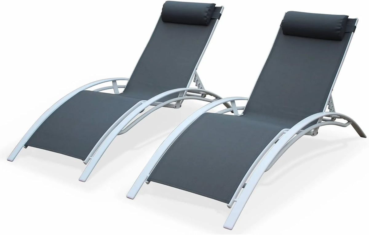 Ensemble de 2 Chaises Longues en Aluminium et Textilène - Blanc et Gris