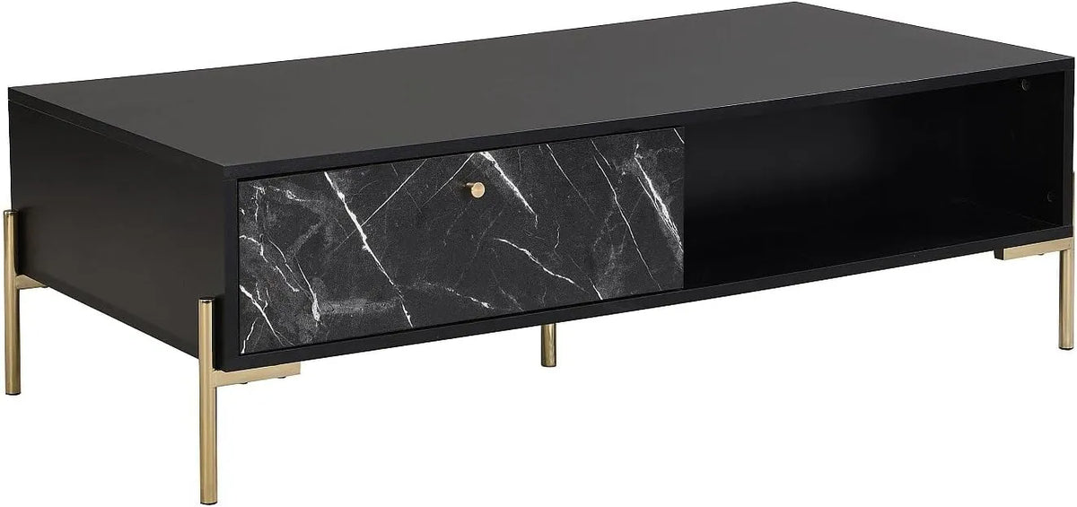 Table Basse Moderne en Métal et MDF avec Rangement - Finition Marbre Noir et Doré