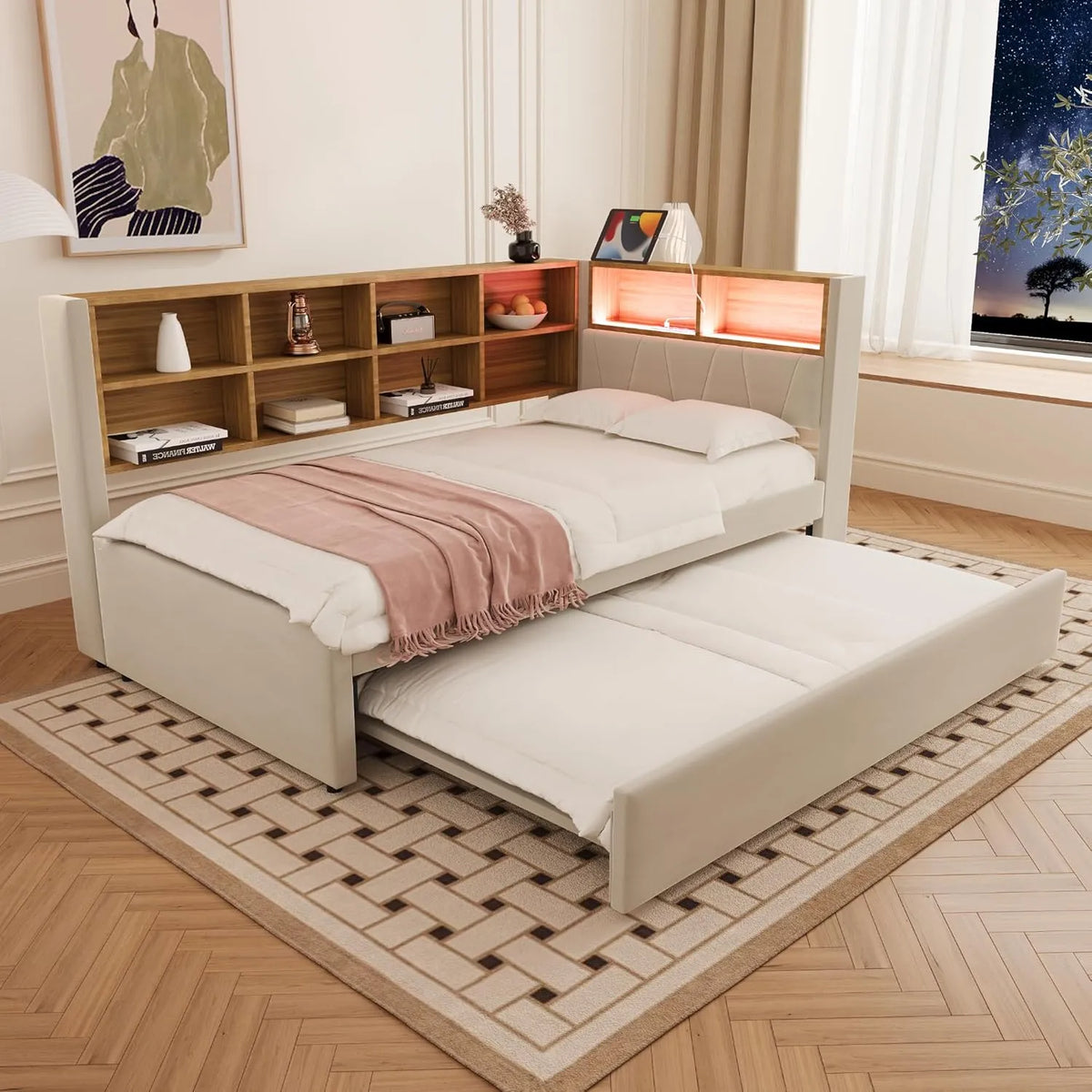 Canapé-lit Merax avec Lit Gigogne et LED en Flanelle Beige