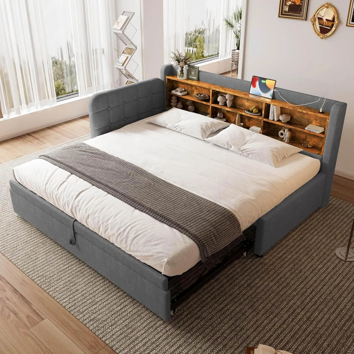 Sofa-Lit Convertible 180x200cm avec Rangement et USB Type-C, Lit Multifonctionnel avec Sommier à Lattes, Tissu Lin, Sans Matelas (Gris)