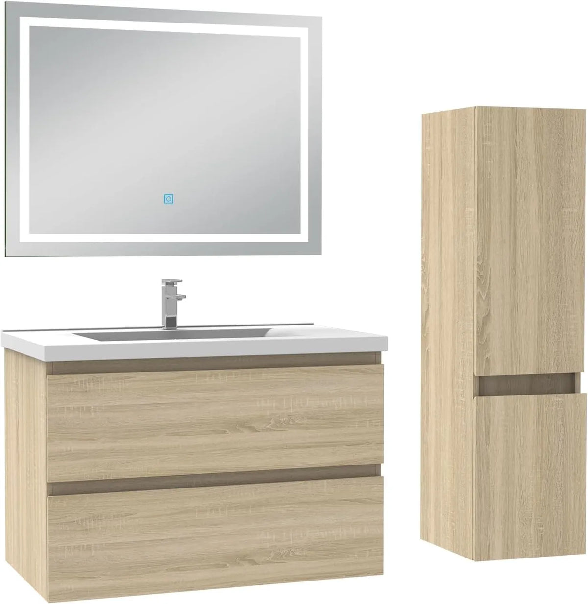 Ensemble de Salle de Bain 80cm avec Vasque, Colonne et Miroir, Chêne Wotan