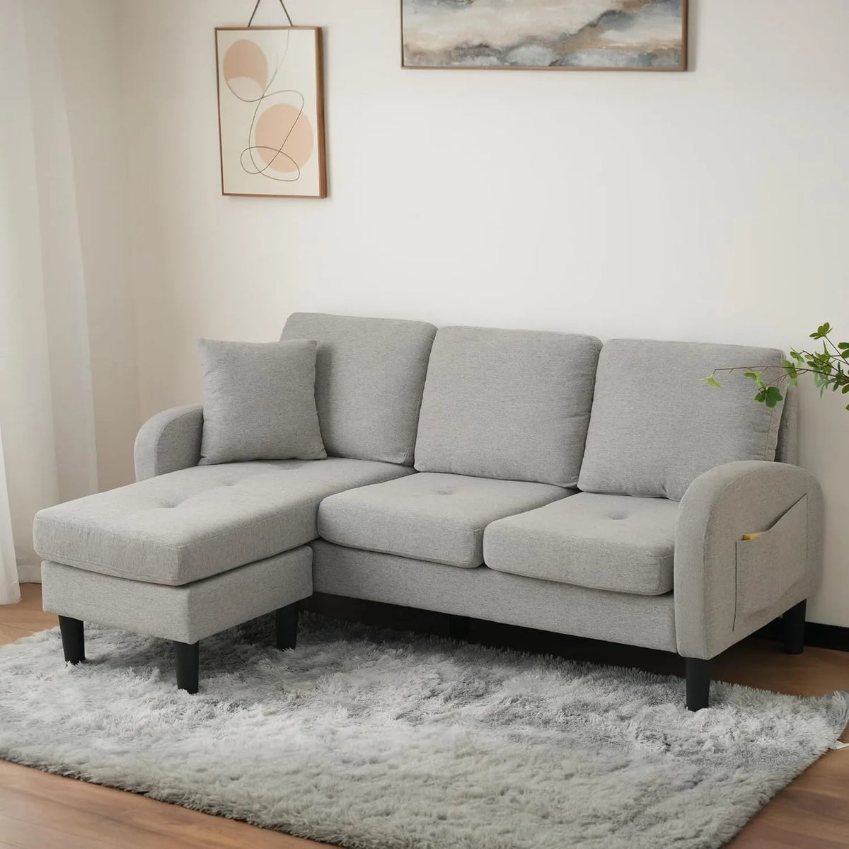 Canapé d'angle modulable en L avec méridienne 3 places - Tissu coton et lin respirant - 166 x 118 x 77 cm - Pieds en plastique - Pour salon, appartement, bureau - Gris