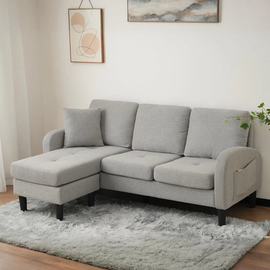 Canapé d'angle modulable en L avec méridienne 3 places - Tissu coton et lin respirant - 166 x 118 x 77 cm - Pieds en plastique - Pour salon, appartement, bureau - Gris