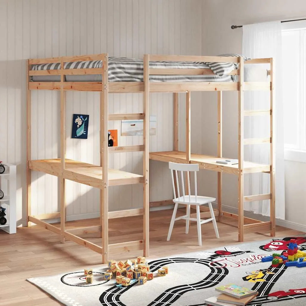 Lit mezzanine en pin massif avec bureau intégré, 160x200 cm, idéal pour chambre ado