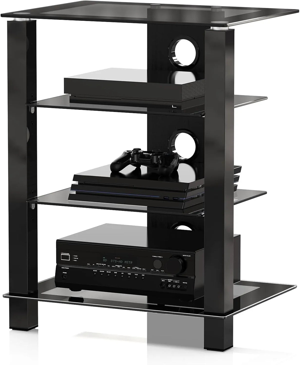 FITUEYES Meuble Audio Vidéo 4 Niveaux en Verre Trempé - Support HiFi, TV, Platine Vinyle, Enceintes, Xbox, Charge 60 kg