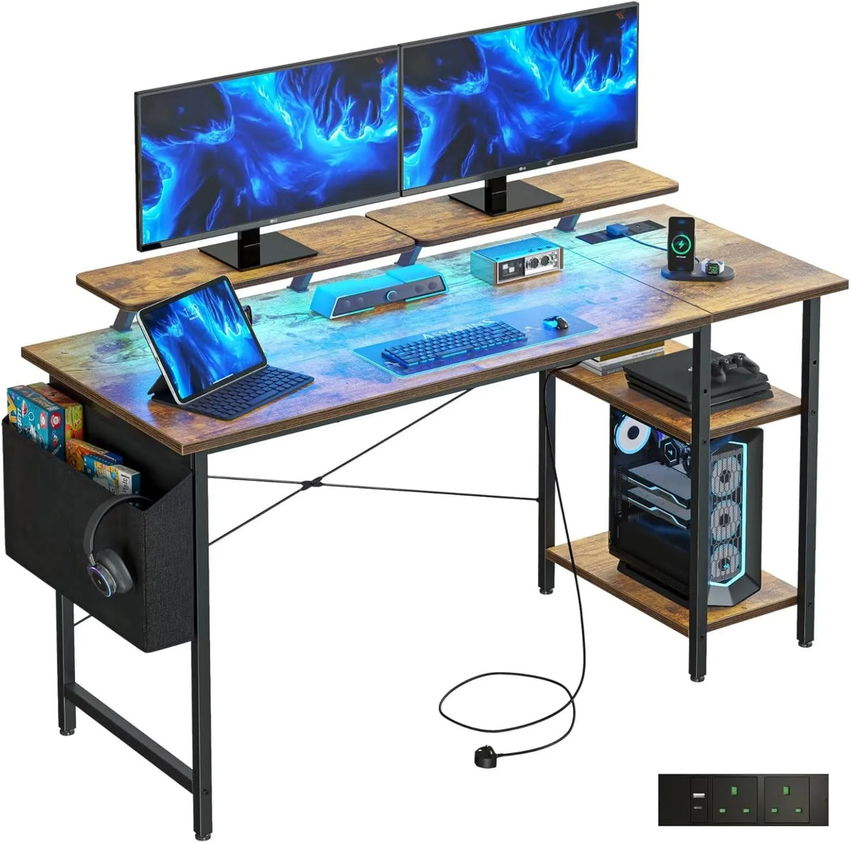 Bureau de gaming avec éclairage LED et prises, réversible avec étagères de rangement, double support écran, idéal pour bureau et étude, 120 x 50 cm