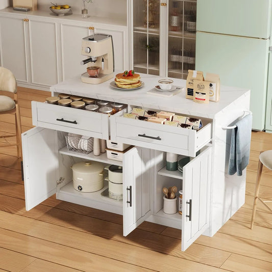 Îlot de Cuisine Blanc avec Rangement et Plan de Travail, 2 Tiroirs, Étagères Réglables, et Porte-Serviettes, Dimensions 120x60x91cm