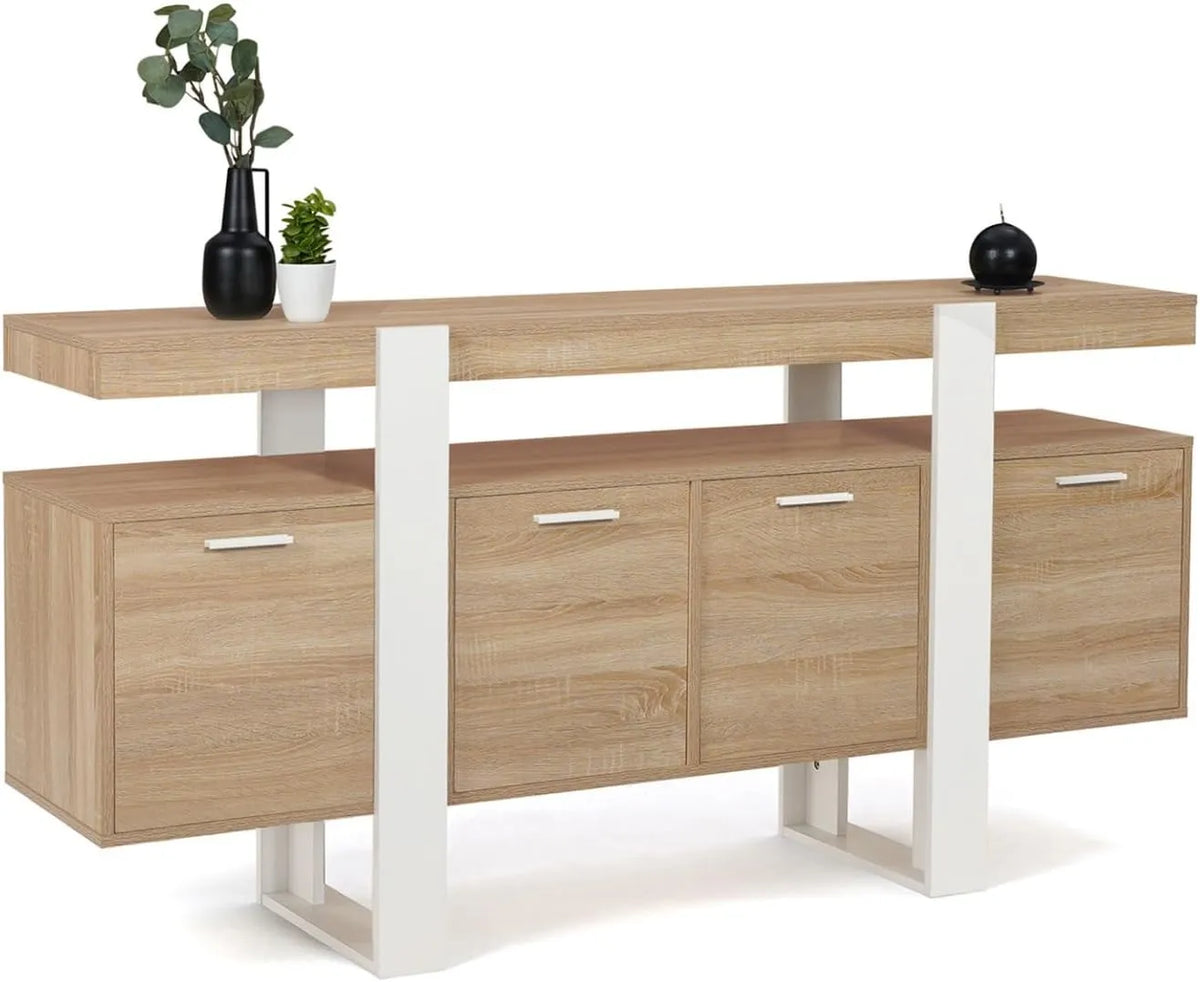 Grand Buffet Phoenix XXL 160 cm, 4 Portes, Bois et Blanc
