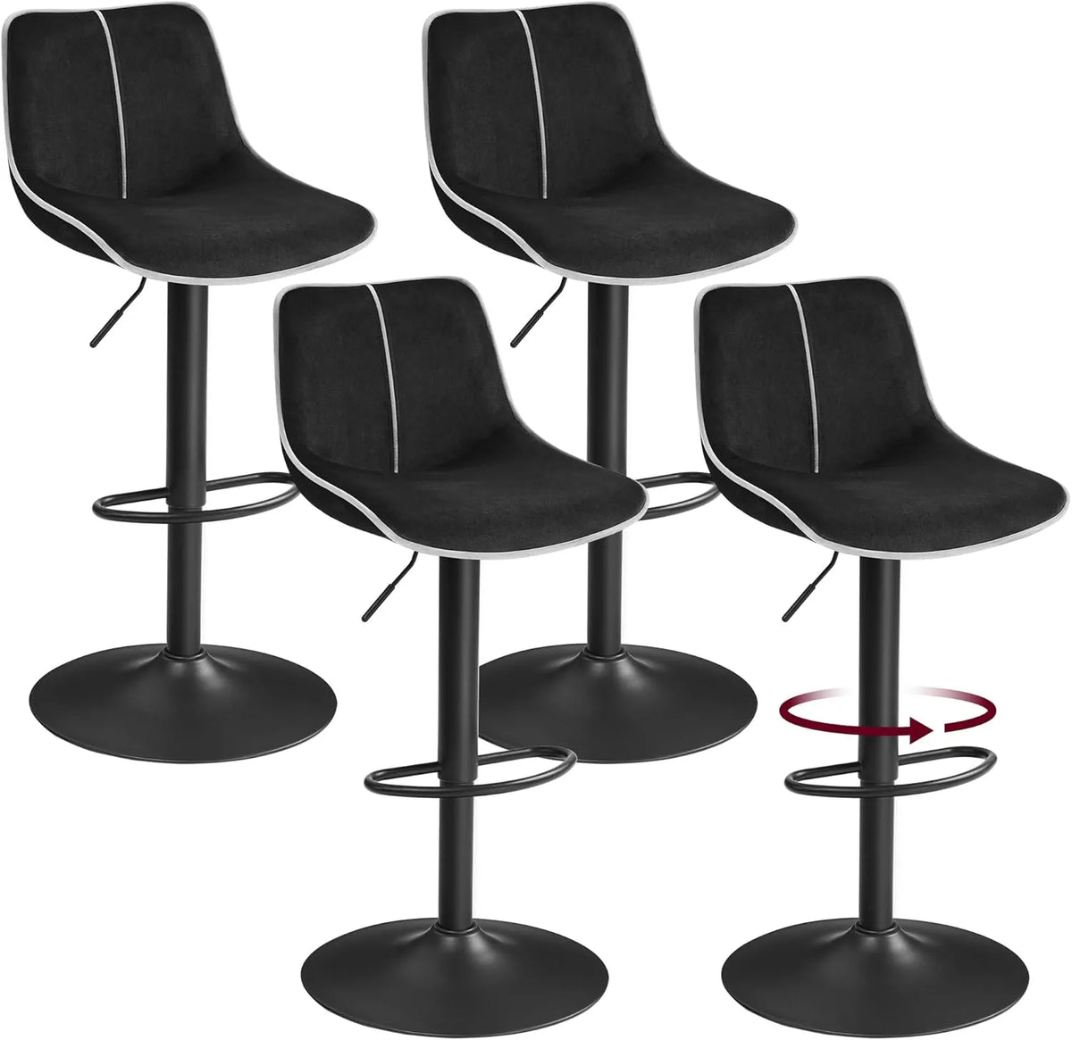Tabourets de Bar en Velours Pivotants et Réglables, Ensemble de 4, avec Dossier Ergonomique et Base Métallique, Noir