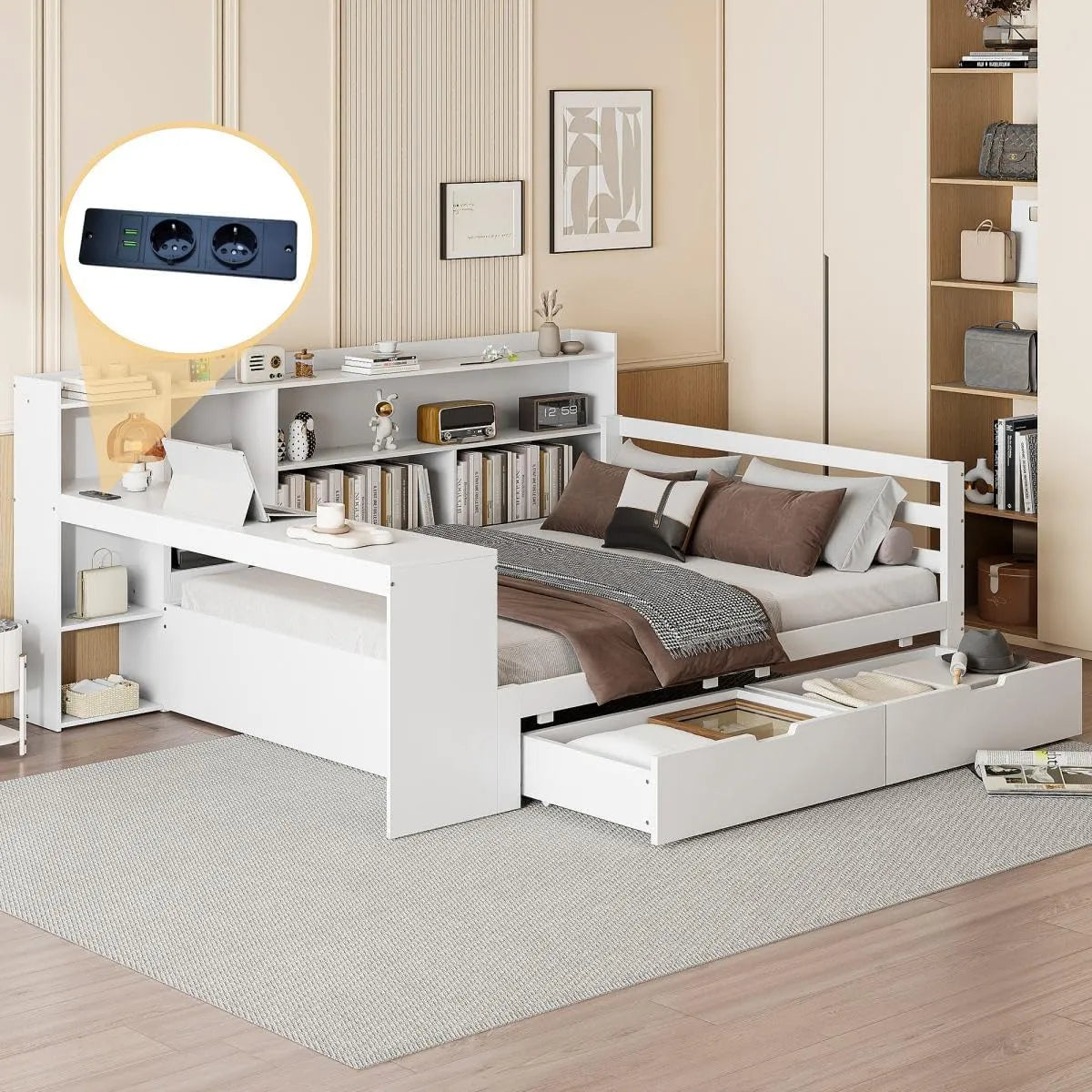 Canapé-lit multifonction en bois avec bureau, étagères et prises, 140x200 cm, rangement avec tiroirs, blanc