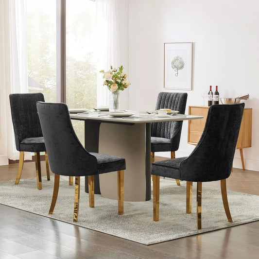 Lot de 4 chaises de salle à manger noires avec dossier haut et pieds incurvés en bois massif