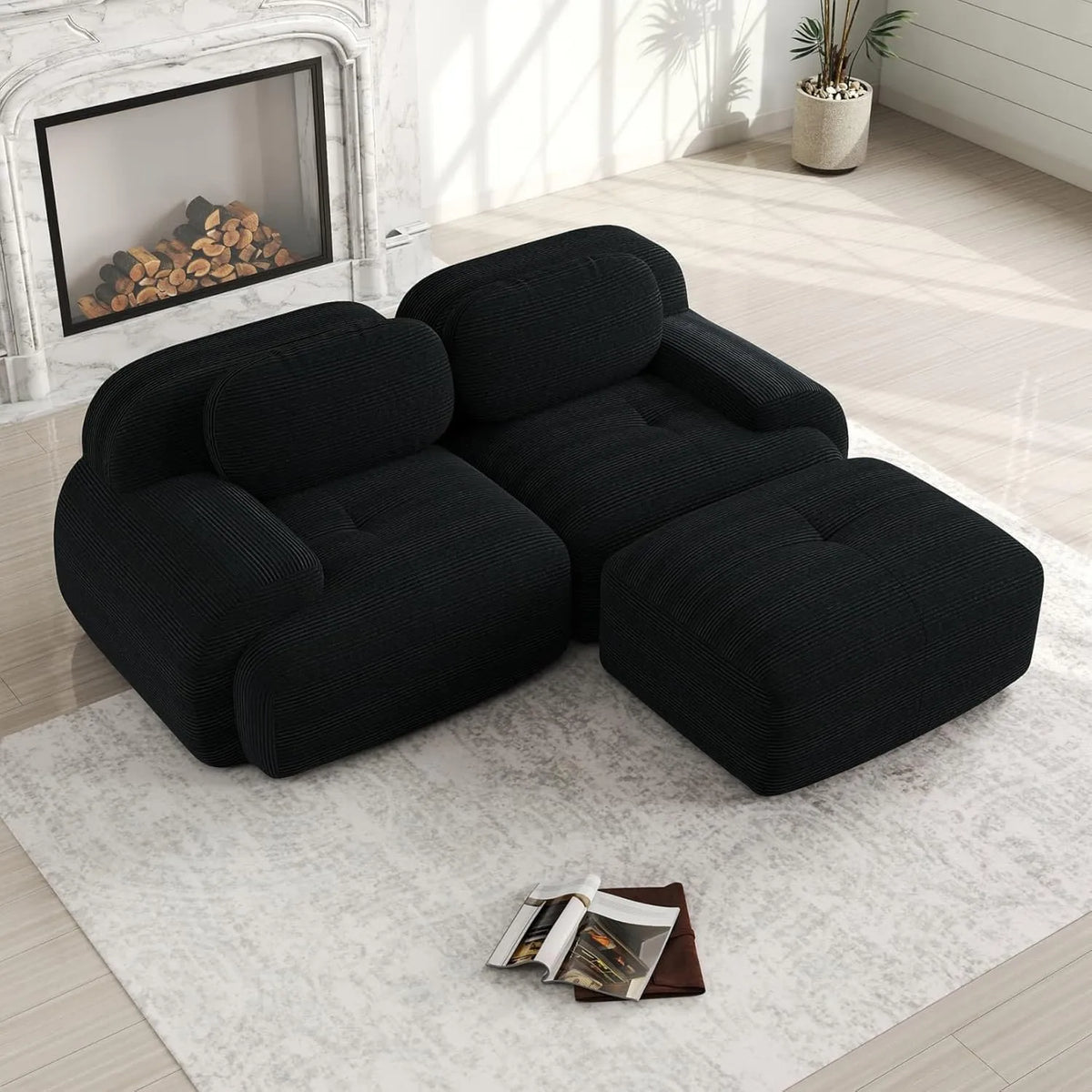 Sofa Modulaire 2 Places en Velours Côtelé avec Pouf et Accoudoirs, Design Antidérapant pour Salon et Cinéma Maison, Noir