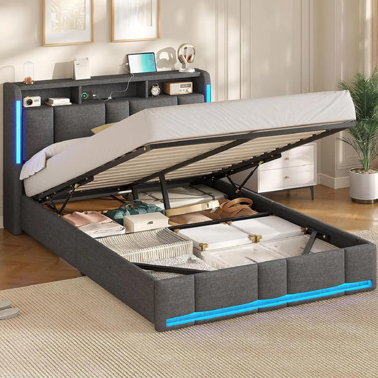 Lit Coffre Double 140x190 CM avec LED, Ports USB et Rangement, Tête de Lit Capitonnée, Lin Gris Foncé, Structure en Bois (Exclut Matelas)