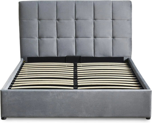 Lit Double Menzzo Luftani 180x200 cm avec Sommier Relevable en Velours Argenté