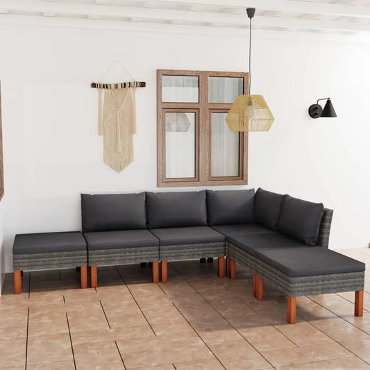 Set de Jardin 6 Pièces en Rotin Gris avec Coussins, Mobilier Extérieur avec Structure en Acier, Canapé Résistant aux Intempéries