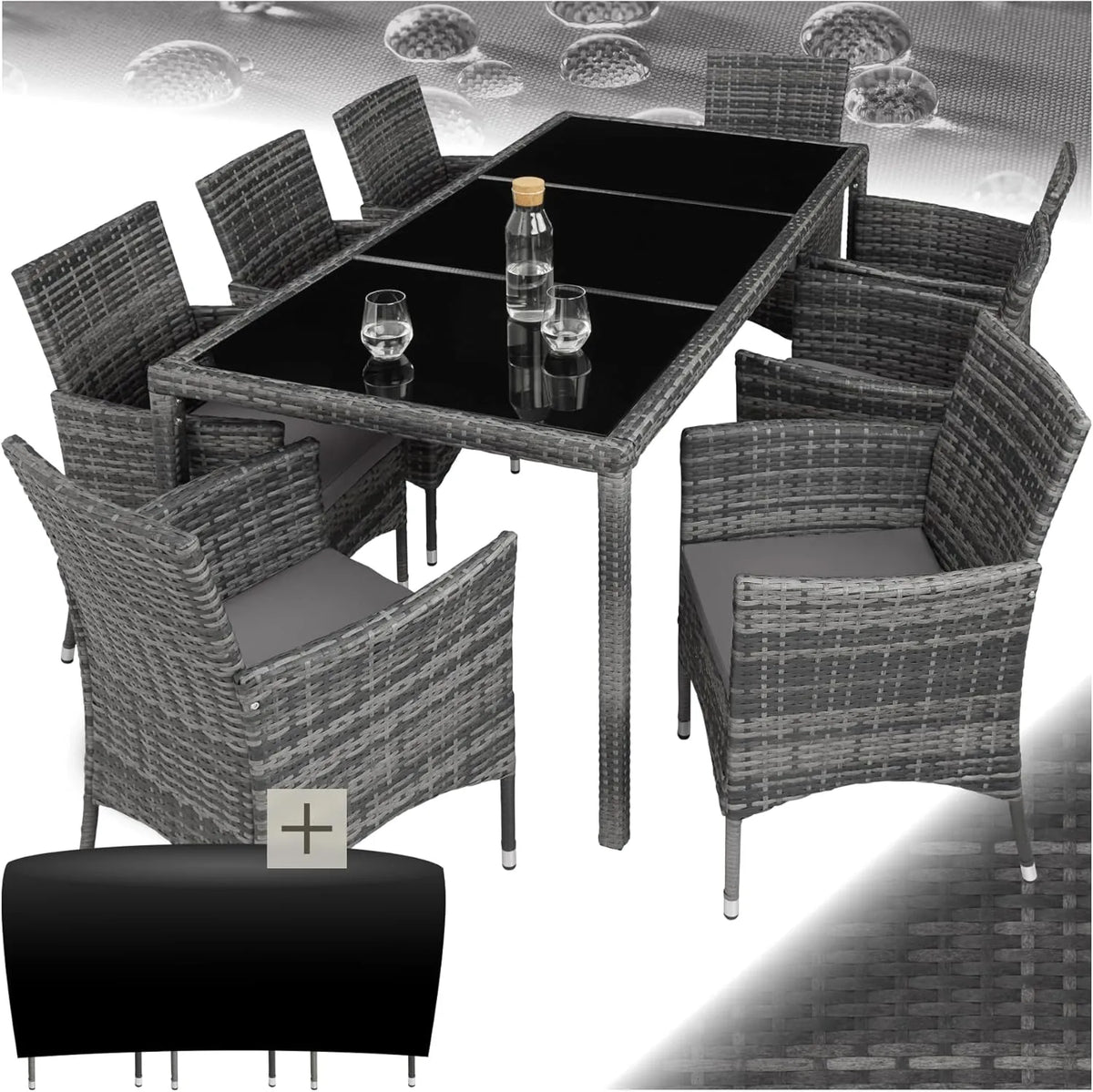 Ensemble de Jardin en Résine Tressée avec Table et 8 Chaises - Protection Incluse - Mobilier d'Extérieur pour Terrasse ou Balcon - Gris Anthracite