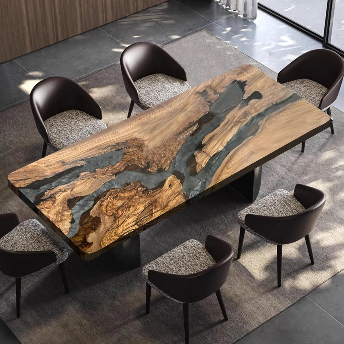 Table à manger moderne en bois d'olivier et résine époxy, design vague océan, pour cuisine et salle à manger