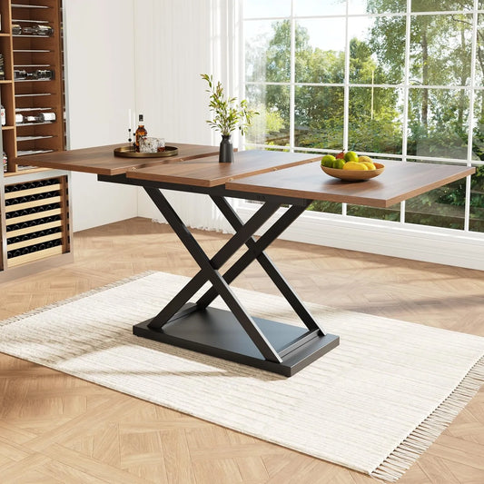 Table à manger extensible en noyer avec pieds en métal noir, idéale pour cuisine et salle à manger