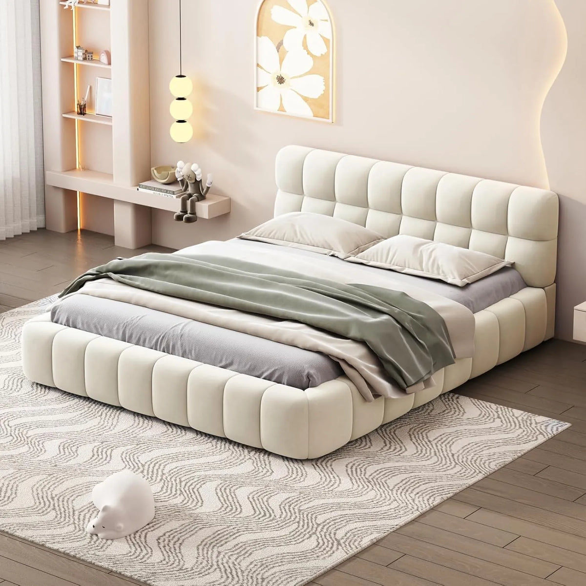 Lit Double Capitonné 140x200 cm avec Sommier à Lattes, Idéal pour Chambre et Chambre d'Amis, sans Matelas