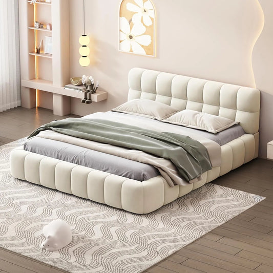 Lit Double Capitonné 140x200 cm avec Sommier à Lattes, Idéal pour Chambre et Chambre d'Amis, sans Matelas