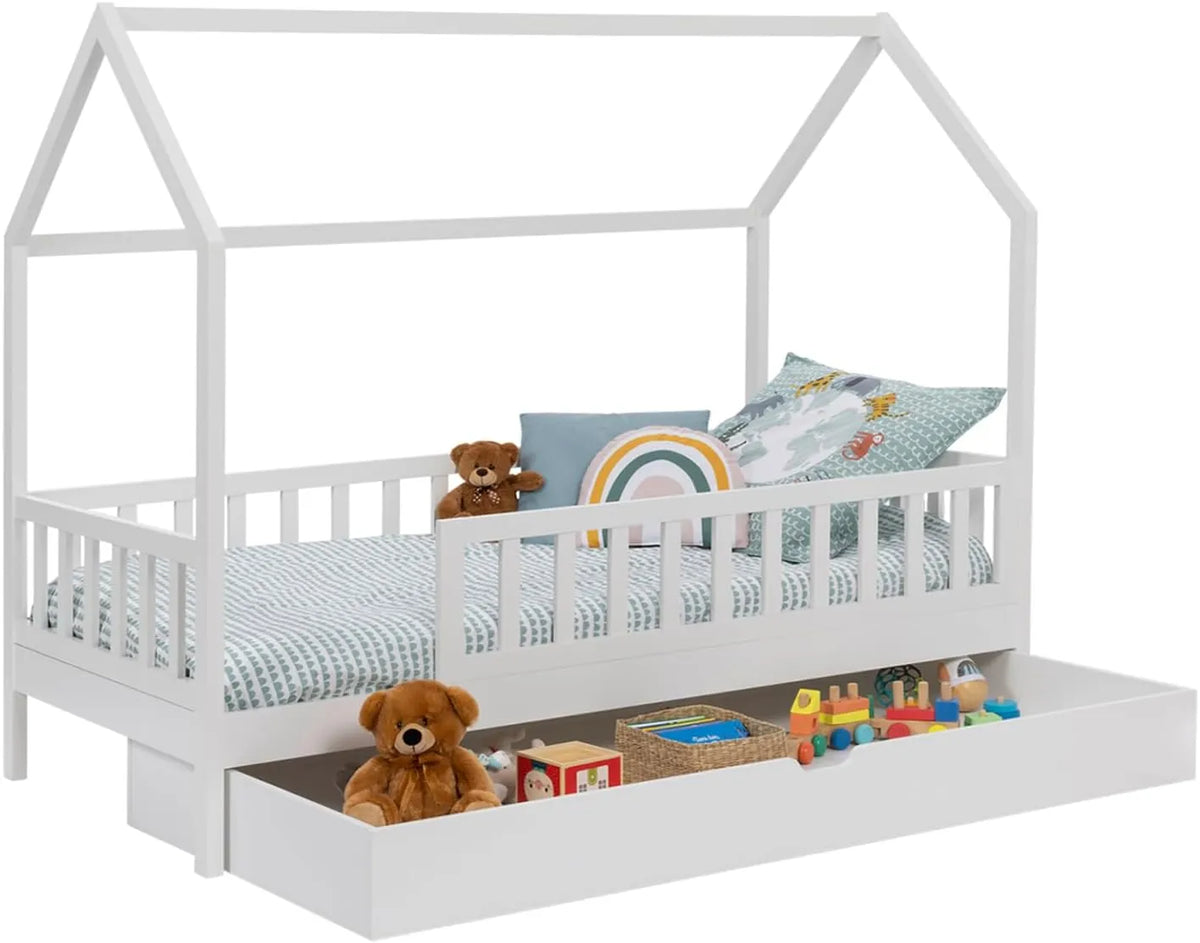 Lit Cabane Enfant 80x160 CM NEREE Blanc avec Tiroir Gigogne et Espace de Rangement