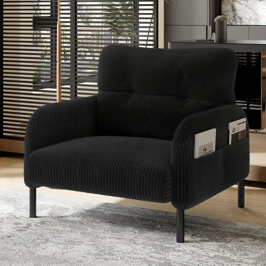 Fauteuil Moderne en Velours Côtelé avec Dossier Haut et Poches, Pieds Métal - Idéal pour Salon, Chambre ou Bureau (Noir)