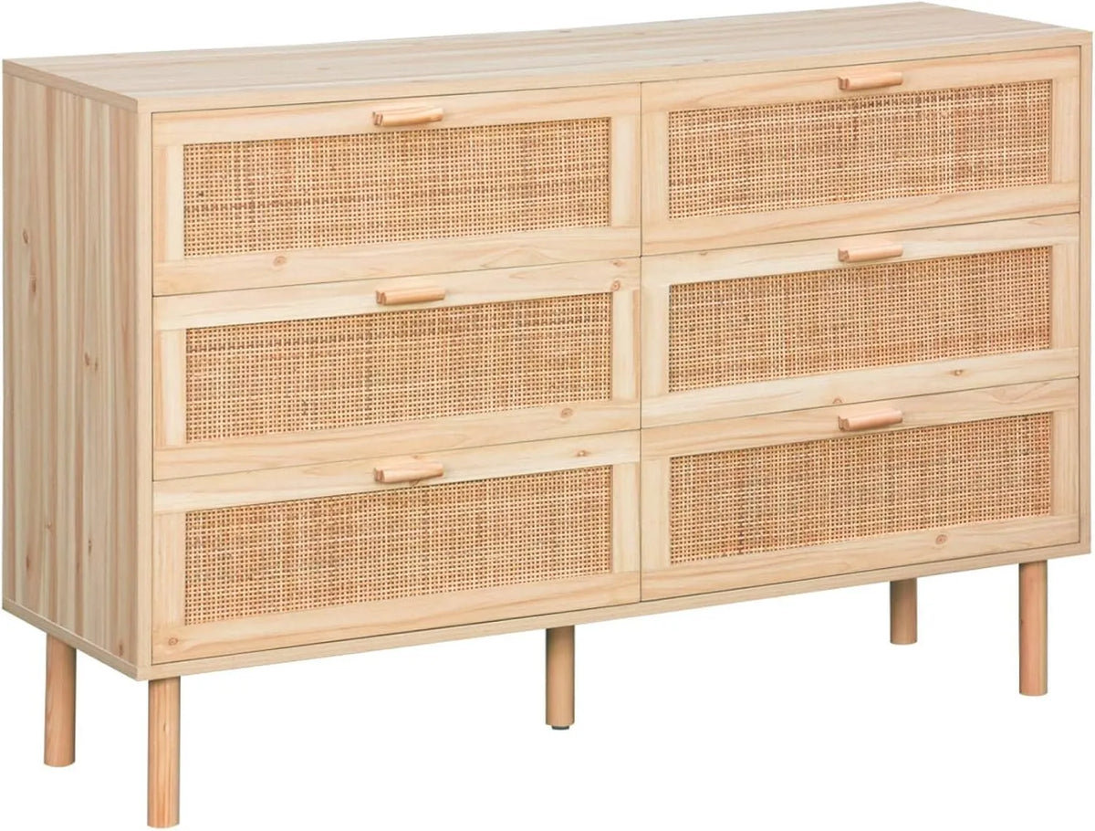 Commode 6 Tiroirs avec Cannage et Finition Bois CAMARGUE - 120 x 40 x 80 cm
