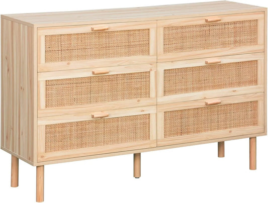 Commode 6 Tiroirs avec Cannage et Finition Bois CAMARGUE - 120 x 40 x 80 cm