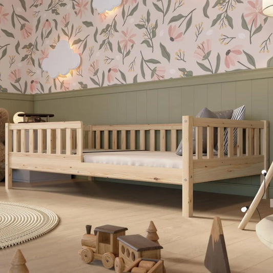 Lit au Sol Enfant 90x190 cm en Bois, Style Montessori, Sécurisé avec Barrière de Protection, Design Scandinave