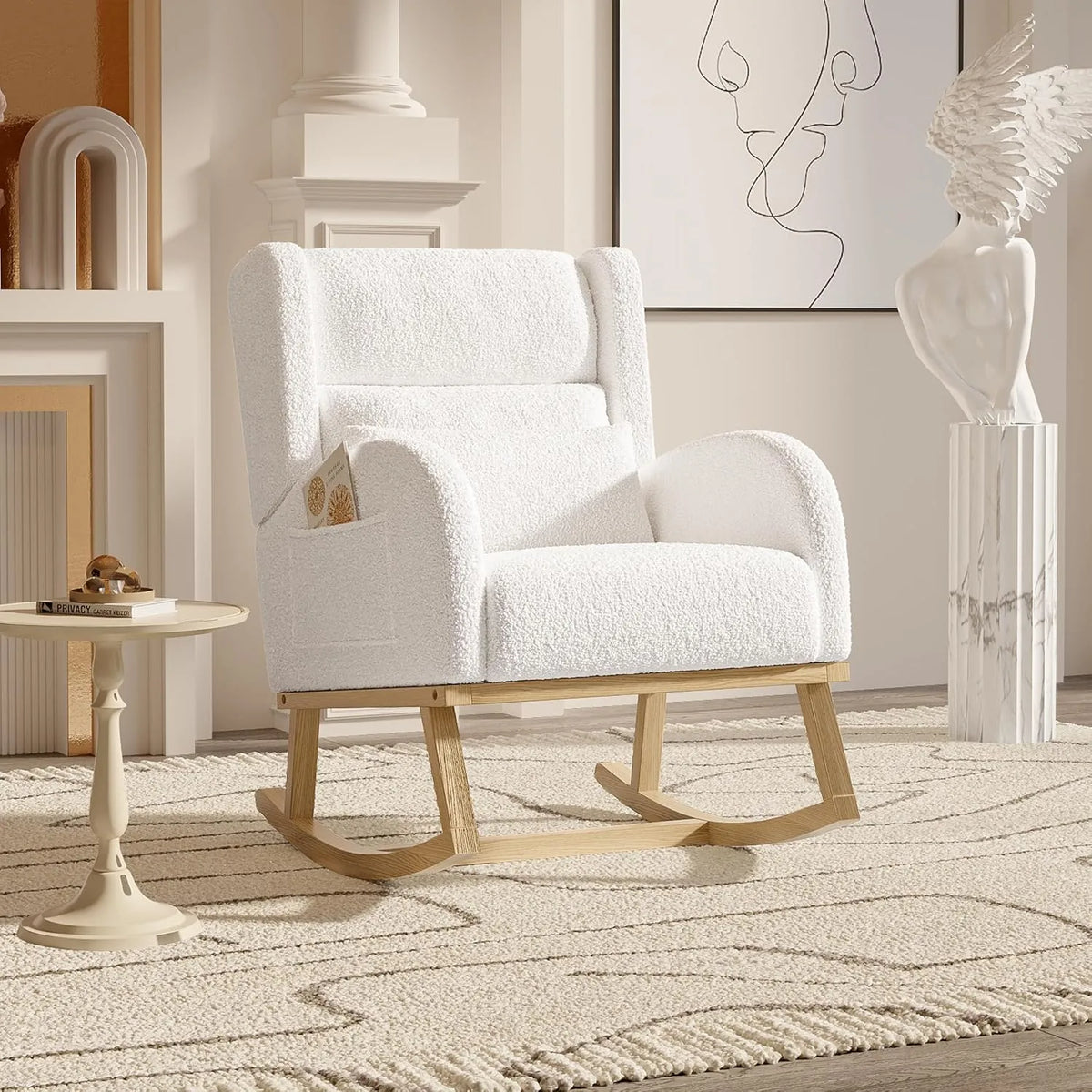 Rocking Chair Confortable Rempli avec Accoudoirs pour Salon, Fauteuil à Bascule Intérieur en Blanc