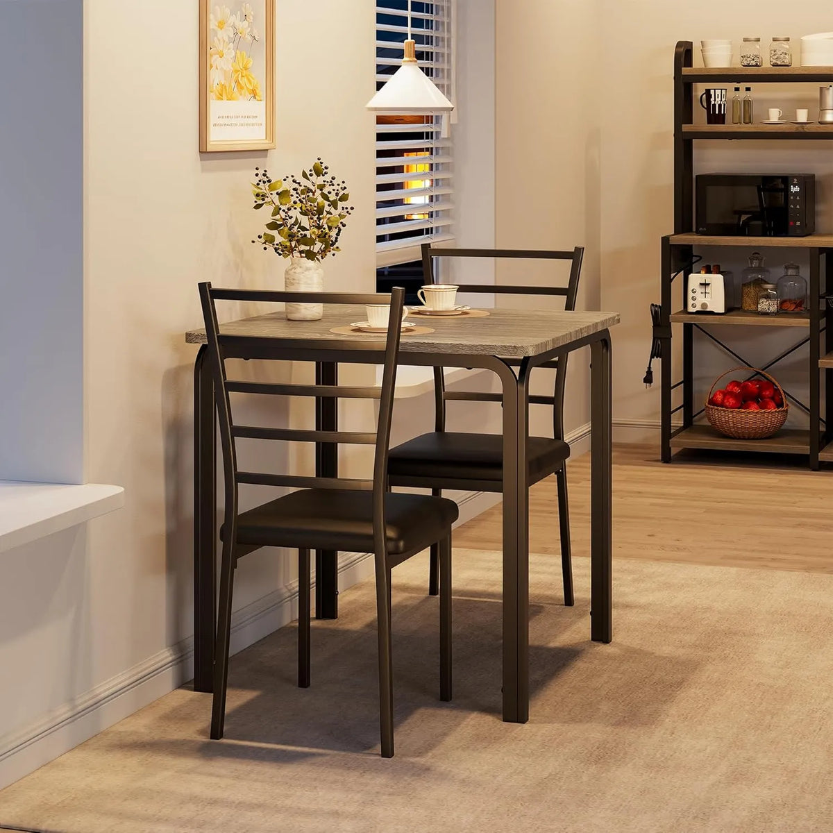 Ensemble de Salle à Manger Compact pour 2 Personnes, Table Carrée Gris avec 2 Chaises - Idéal pour Petits Espaces et Cuisines