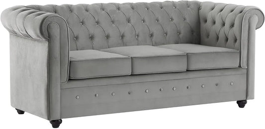 Canapé Convertible 3 Places en Velours Gris Clair Style Chesterfield