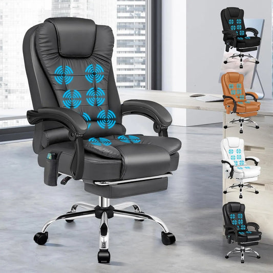 Chaise de Bureau Ergonomique avec Massage et Chauffage, Fauteuil Pivotant en Cuir PU, Accoudoirs et Appui-tête Confortables, Gris