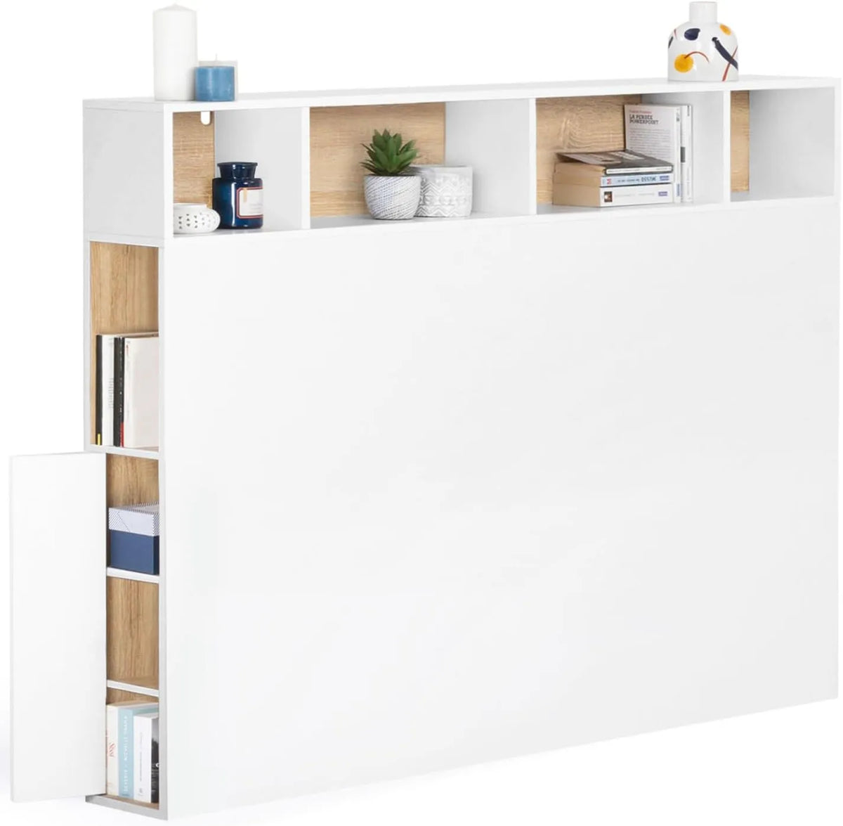 Cleo - Tête de lit avec Rangement Fermé et Niches 145 cm, Blanc et Effet Hêtre