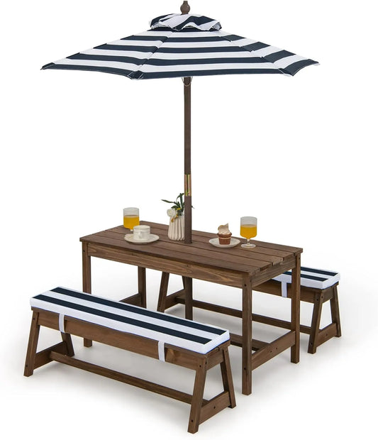 Ensemble de Jardin pour Enfants en Bois avec Parasol Ajustable et Coussins, Table d'Activités Intérieure Extérieure, 89 x 44 x 50 cm (Bleu)