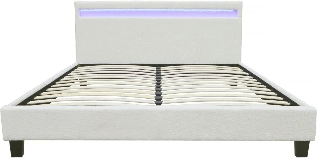 Lit en Tissu Bouclette avec Éclairage LED 140x190cm - Crème
